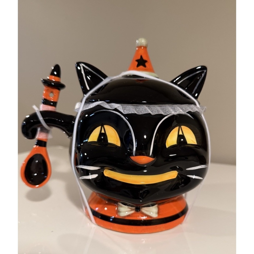 Johanna Parker Retro  Whimsical Black Cat Halloween Candy Bowl / Spoon  ~ NEW